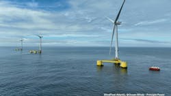 The three second-generation WindFloat Atlantic wind turbines, supported by floating columns designed by Principle Power. The three second-generation WindFloat Atlantic wind turbines, supported by floating columns designed by Principle Power.