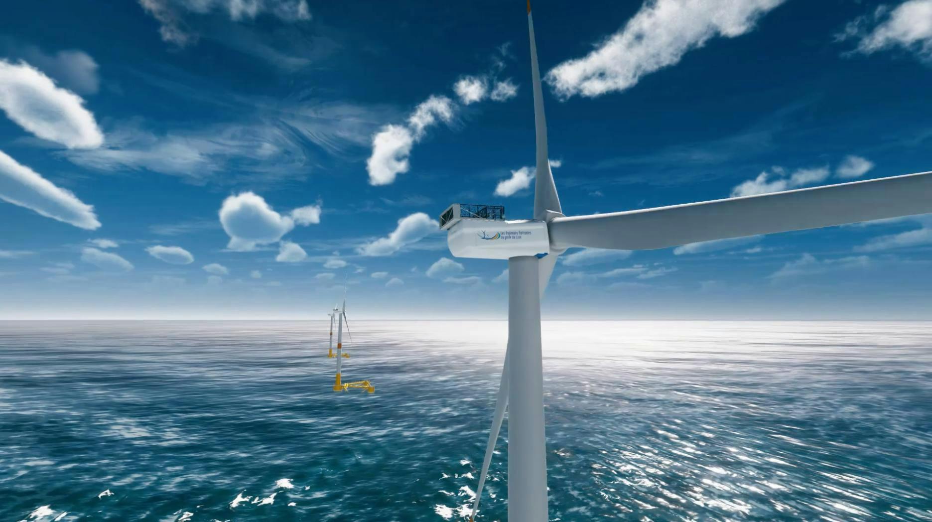 3D image of the EFGL wind turbines and floaters. 3D image of the EFGL wind turbines and floaters.