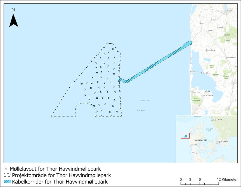 This illustration highlights the Thor offshore wind farm project area. This illustration highlights the Thor offshore wind farm project area.