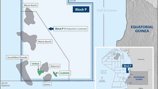 The green areas on this Block P map reflect proven oil fields, while the gray regions are prospects.