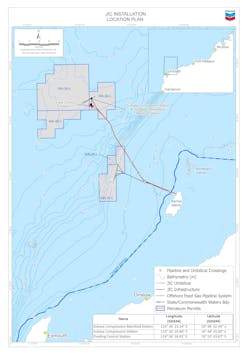 The map highlights the Jansz-Io subsea compression infrastructure installation.