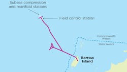 The Jansz-Io gas fields are located within production licenses WA‐36‐L, WA‐39‐L and WA‐40‐L, about 200 km off the northwest coast of Western Australia in water depths of about 1,350 m. The pink lines on the map represent existing trunklines. The Jansz-Io gas fields are located within production licenses WA‐36‐L, WA‐39‐L and WA‐40‐L, about 200 km off the northwest coast of Western Australia in water depths of about 1,350 m. The pink lines on the map represent existing trunklines.