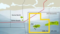 This map highlights the Aje Field offshore Nigeria. Note, the red line represents the West Africa Gas Pipeline.