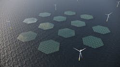 Wind farm incorporating floating solar power plant