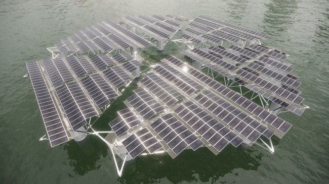 closeup of floating solar power plant