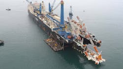 Saipem&apos;s Castorone has a pipelaying capacity of triple joint 12 M or double joint 18 M, ad a pipe size up to 48&apos;&apos; (60&apos;&apos; including coating).