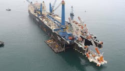 Saipem's Castorone has a pipelaying capacity of triple joint 12 M or double joint 18 M, ad a pipe size up to 48'' (60'' including coating). Saipem's Castorone has a pipelaying capacity of triple joint 12 M or double joint 18 M, ad a pipe size up to 48'' (60'' including coating).