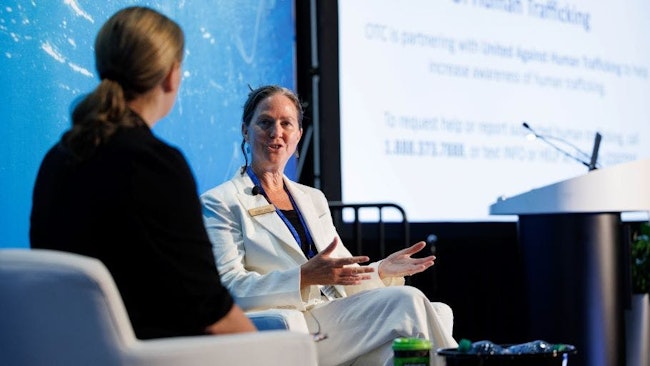 Keynote speaker Rain Byars, technical and delivery director with Atlantic Shores Offshore Wind, chats with moderator and Atlantic Shores colleague Deanne Hargrave.