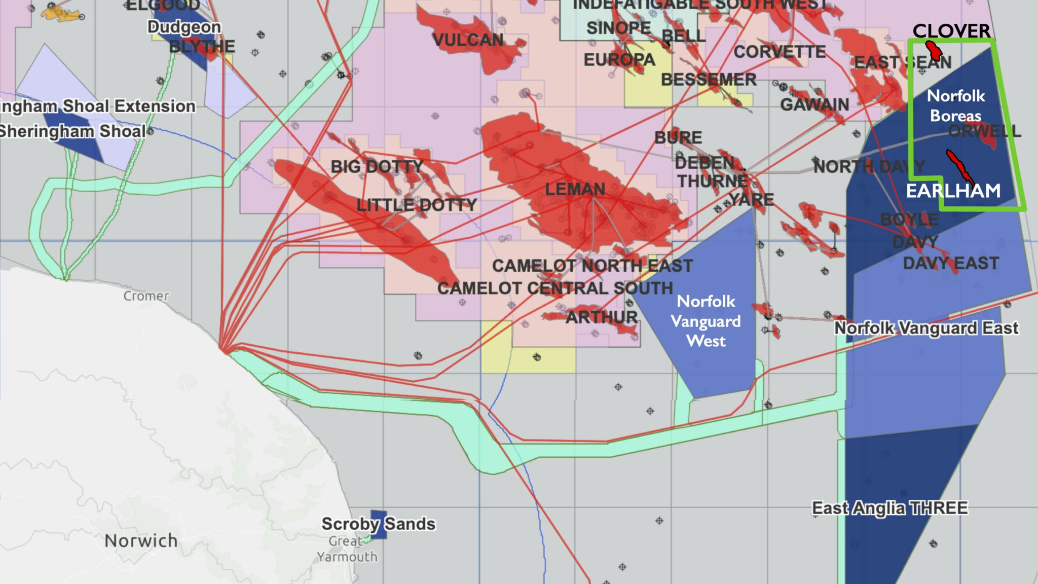 The map highlights the location of the offered license (green outline) and the Norfolk Boreas wind farm area.