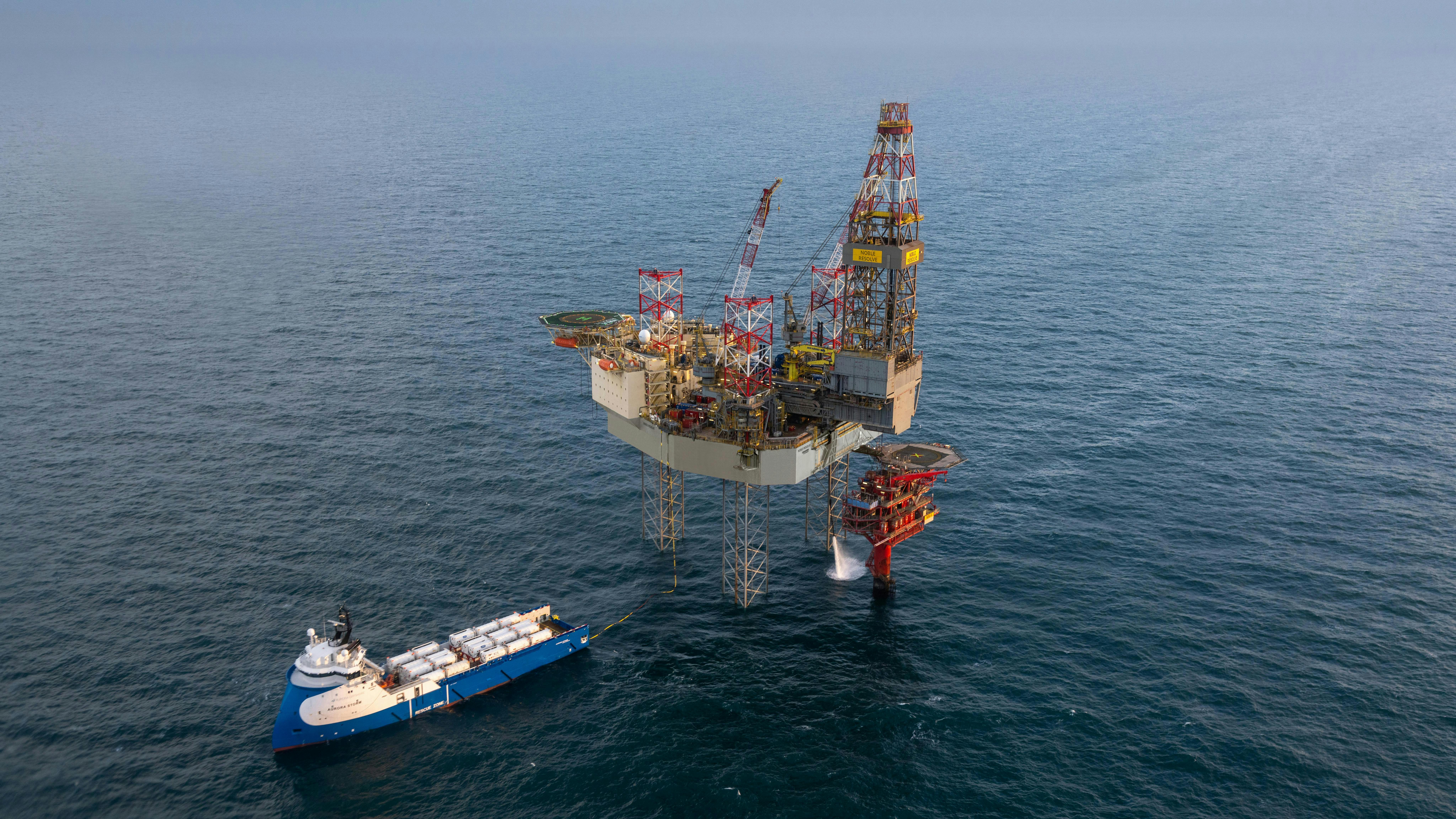 The Noble Resolve receiving liquid CO2 for injection and subsequent monitoring at Nini West in the Danish North Sea.