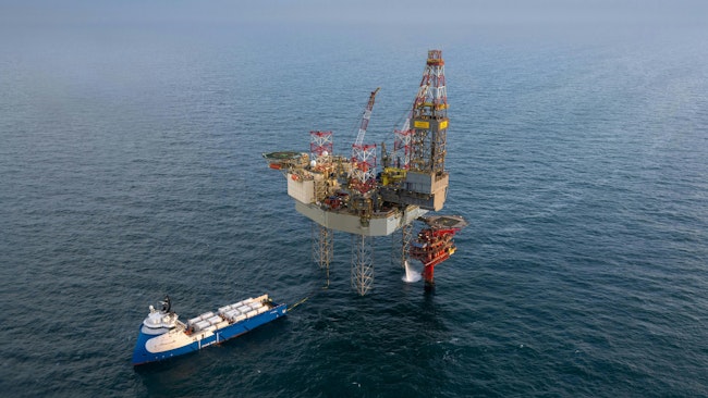 The Noble Resolve receiving liquid CO2 for injection and subsequent monitoring at Nini West in the Danish North Sea.
