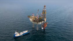 The Noble Resolve receiving liquid CO2 for injection and subsequent monitoring at Nini West in the Danish North Sea. The Noble Resolve receiving liquid CO2 for injection and subsequent monitoring at Nini West in the Danish North Sea.