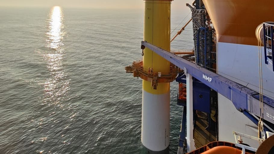 The Aeolus vessel is shown installing the first monopile foundation at the Sofia offshore wind farm.