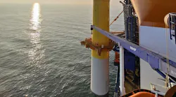 The Aeolus vessel is shown installing the first monopile foundation at the Sofia offshore wind farm.