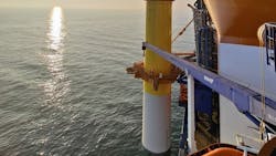 The Aeolus vessel is shown installing the first monopile foundation at the Sofia offshore wind farm. The Aeolus vessel is shown installing the first monopile foundation at the Sofia offshore wind farm.