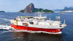 Ramform Victory is in Brazil for the Barracuda Caratinga 4D. Above, it is seen passing through the Guanabara Bay.