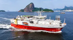 Ramform Victory is in Brazil for the Barracuda Caratinga 4D. Above, it is seen passing through the Guanabara Bay.