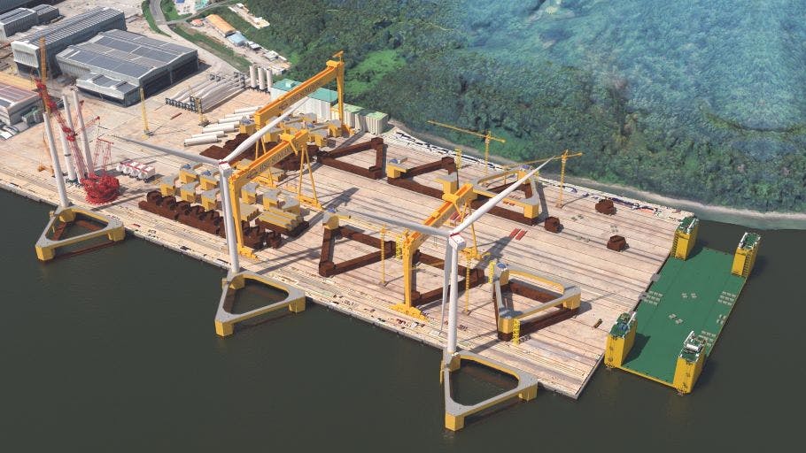 The image depicts the WindFloat F design in a fabrication scenario at the HSG Sungdong Shipyard facility in Korea.