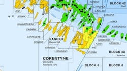 On the map, green represents oil discoveries, orange areas represent prospects and the yellow region is a CGX/Frontera block. Solid black dots are well locations, while half-filled dots are oil show wells. On the map, green represents oil discoveries, orange areas represent prospects and the yellow region is a CGX/Frontera block. Solid black dots are well locations, while half-filled dots are oil show wells.