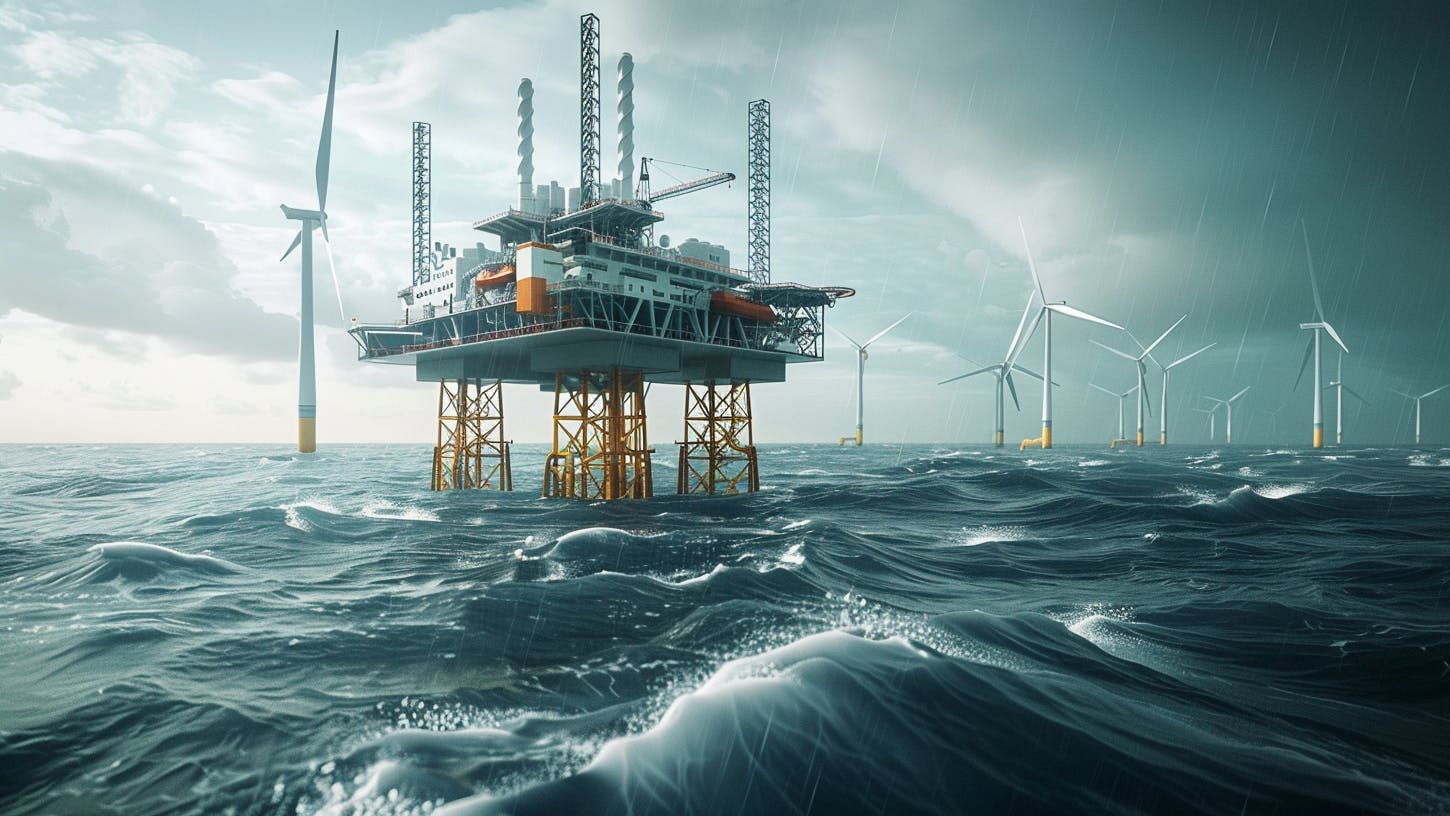 Artistic depiction of an offshore wind energy farm with a repurposed oil and gas platform.