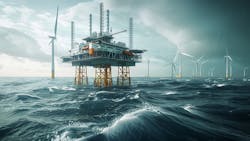 Artistic depiction of an offshore wind energy farm with a repurposed oil and gas platform. Artistic depiction of an offshore wind energy farm with a repurposed oil and gas platform.