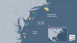 The map indicates the locations of LiDAR deployments in the TGS multi-client wind and metocean campaign offshore the US East Coast in relation to wind farms and lease areas. The map indicates the locations of LiDAR deployments in the TGS multi-client wind and metocean campaign offshore the US East Coast in relation to wind farms and lease areas.