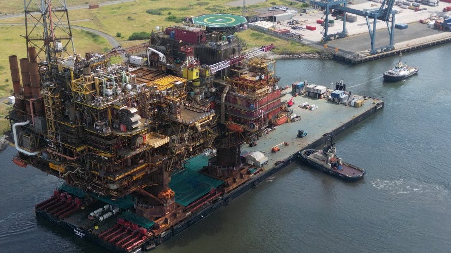 Brent Charlie has arrived at its final resting place following a transfer and load-in operation at Able UK&rsquo;s Seaton Port in Hartlepool, northeast England.