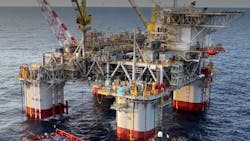 Chevron's new Anchor facility has a design capacity of 75,000 bbl/d of oil and 28 MMcf/d of natural gas. The FPU area is 42,080 sq ft and 25 stories high (taller than the statue of liberty). Chevron's new Anchor facility has a design capacity of 75,000 bbl/d of oil and 28 MMcf/d of natural gas. The FPU area is 42,080 sq ft and 25 stories high (taller than the statue of liberty).