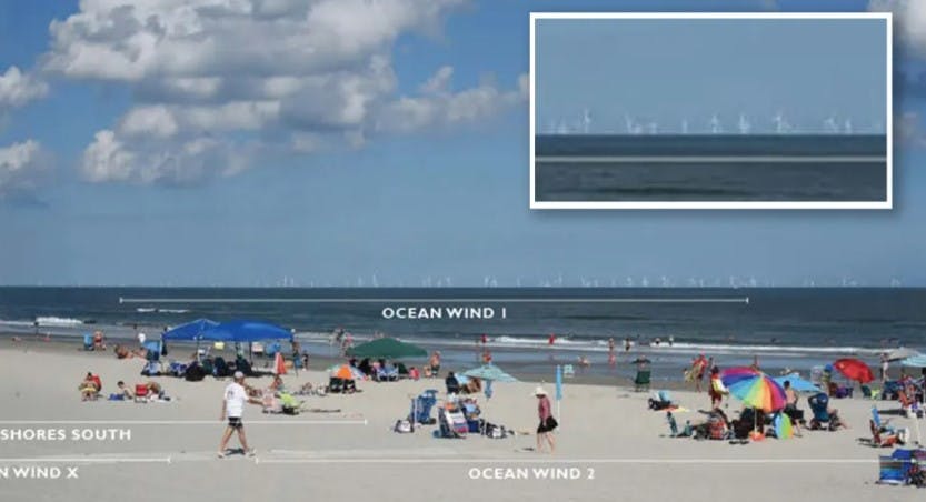An illustration included in an analysis released by the US Bureau of Ocean Energy Management in June 2022 for its research into the planned Ocean Wind 1 wind farm off New Jersey. This illustration shows what 900-foot turbines miles off the Jersey Shore would have looked like from Stone Harbor, New Jersey.