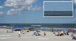 An illustration included in an analysis released by the US Bureau of Ocean Energy Management in June 2022 for its research into the planned Ocean Wind 1 wind farm off New Jersey. This illustration shows what 900-foot turbines miles off the Jersey Shore would have looked like from Stone Harbor, New Jersey. An illustration included in an analysis released by the US Bureau of Ocean Energy Management in June 2022 for its research into the planned Ocean Wind 1 wind farm off New Jersey. This illustration shows what 900-foot turbines miles off the Jersey Shore would have looked like from Stone Harbor, New Jersey.
