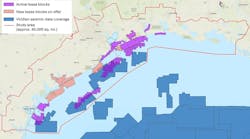The map illustrates the total coverage of phases 1 and 2 of Viridien’s Gulf of Mexico Carbon Storage Screening Study. The map illustrates the total coverage of phases 1 and 2 of Viridien’s Gulf of Mexico Carbon Storage Screening Study.