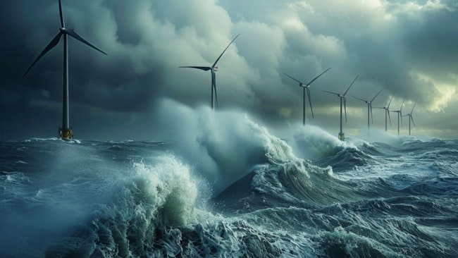 Offshore wind turbines in stormy seas