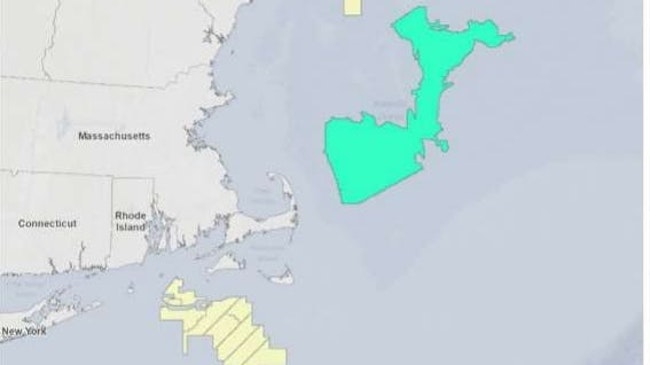 The Gulf of Maine wind energy areas are highlighted in green, and the yellow represents other BOEM lease areas.