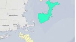 The Gulf of Maine wind energy areas are highlighted in green, and the yellow represents other BOEM lease areas. The Gulf of Maine wind energy areas are highlighted in green, and the yellow represents other BOEM lease areas.