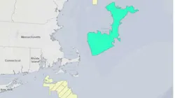 The Gulf of Maine wind energy areas are highlighted in green, and the yellow represents other BOEM lease areas.