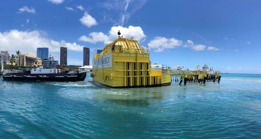 The OceanEnergy OE35 wave energy device in Hawaii, a sister project at US Navy&rsquo;s Wave Energy Test Site, launched July 2024.