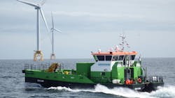 Green Marine’s Green Storm crew transfer vessel operates near the Beatrice Offshore Wind Farm. Green Marine’s Green Storm crew transfer vessel operates near the Beatrice Offshore Wind Farm.