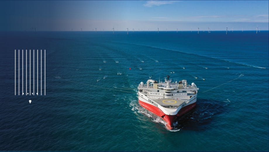 Schematic illustration of the nominal vessel configuration and a photo of Ramform Hyperion acquiring the high-resolution CCS development survey for the Northern Endurance Partnership offshore UK. The configuration consisted of nine multi-sensor streamers with 50 m separation and a wide-tow quad source that was towed over the front end of the streamer spread. The resulting nominal acquisition bin size was 6.25 m x 6.25 m.