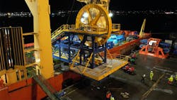 MDL Wheeled Horizontal Lay System is shown being mobilized on the project vessel. MDL Wheeled Horizontal Lay System is shown being mobilized on the project vessel.