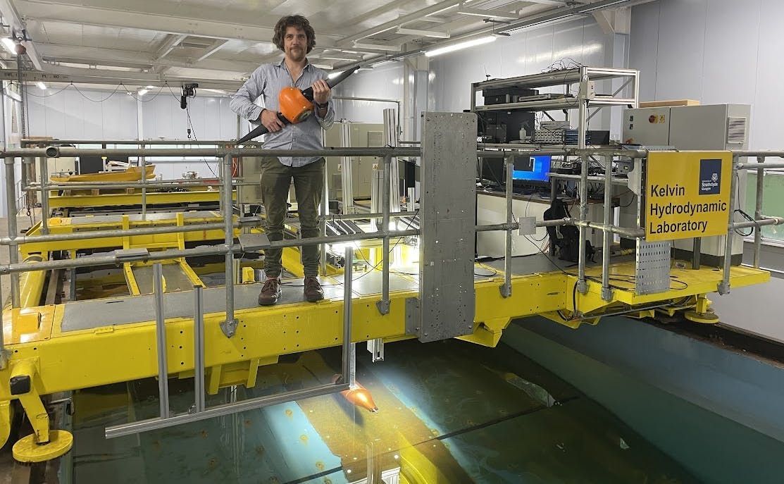 George Dadd, HydroWing lead turbine engineer, at hydrodynamic testing lab