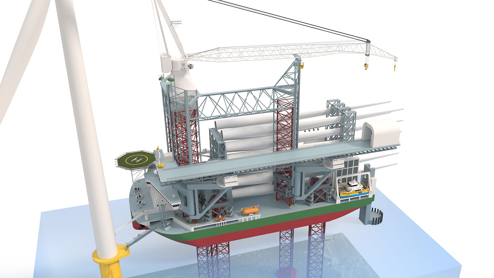 This four-legged jackup vessel features a 15 m wide working platform.