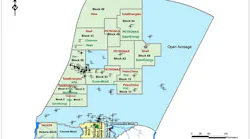 Green areas represent blocks under contract, and the yellow areas represent Staatsolie-operated blocks. The blue region is open acreage.