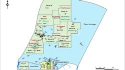 Green areas represent blocks under contract, and the yellow areas represent Staatsolie-operated blocks. The blue region is open acreage. Green areas represent blocks under contract, and the yellow areas represent Staatsolie-operated blocks. The blue region is open acreage.