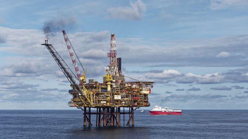 The Eagle Explorer seismic vessel passes by the Gannet A oil platform in the Gannet field of the UK North Sea.