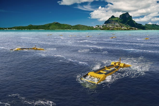 Mocean Energy is also developing a much larger hinged-raft wave energy converter called the Blue Horizon that is based on the same principles as the Blue Star. Mocean Energy is also developing a much larger hinged-raft wave energy converter called the Blue Horizon that is based on the same principles as the Blue Star.