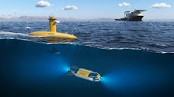 The illustration depicts Oceaneering’s USV service deployed alongside a Freedom AUV, both of which can operate in tough offshore conditions. The illustration depicts Oceaneering’s USV service deployed alongside a Freedom AUV, both of which can operate in tough offshore conditions.