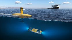 The illustration depicts Oceaneering’s USV service deployed alongside a Freedom AUV, both of which can operate in tough offshore conditions. The illustration depicts Oceaneering’s USV service deployed alongside a Freedom AUV, both of which can operate in tough offshore conditions.