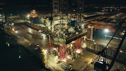 Mammoet says that repair work on Noble Regina Allen jackup was accomplished in three months using its Mega Jack 5200 system. Mammoet says that repair work on Noble Regina Allen jackup was accomplished in three months using its Mega Jack 5200 system.