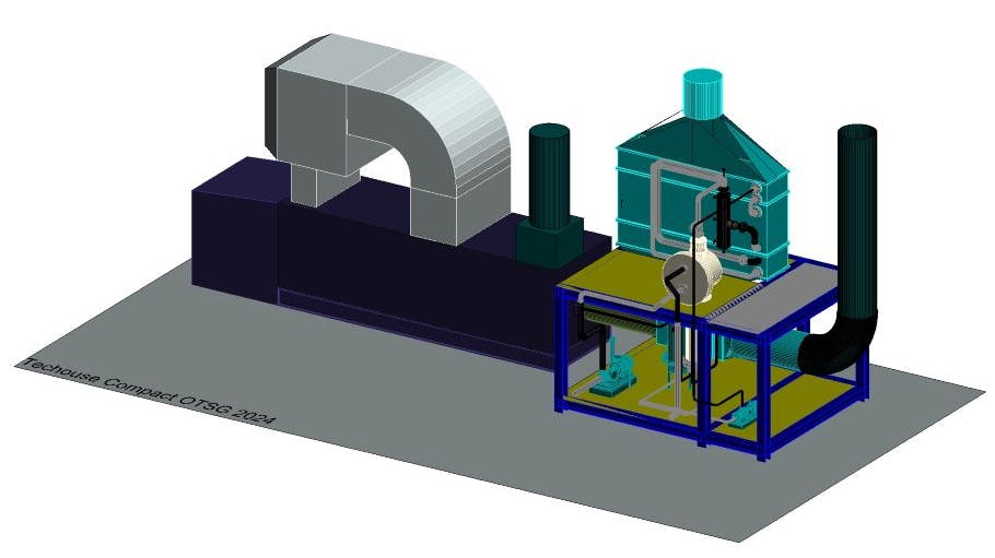A 3D render of a once-through steam generator (OTSG)