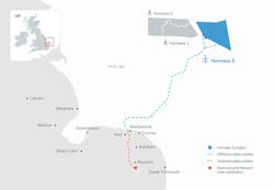 The map highlights where onshore construction for the Hornsea 3 offshore wind farm is underway in Norfolk. The map highlights where onshore construction for the Hornsea 3 offshore wind farm is underway in Norfolk.